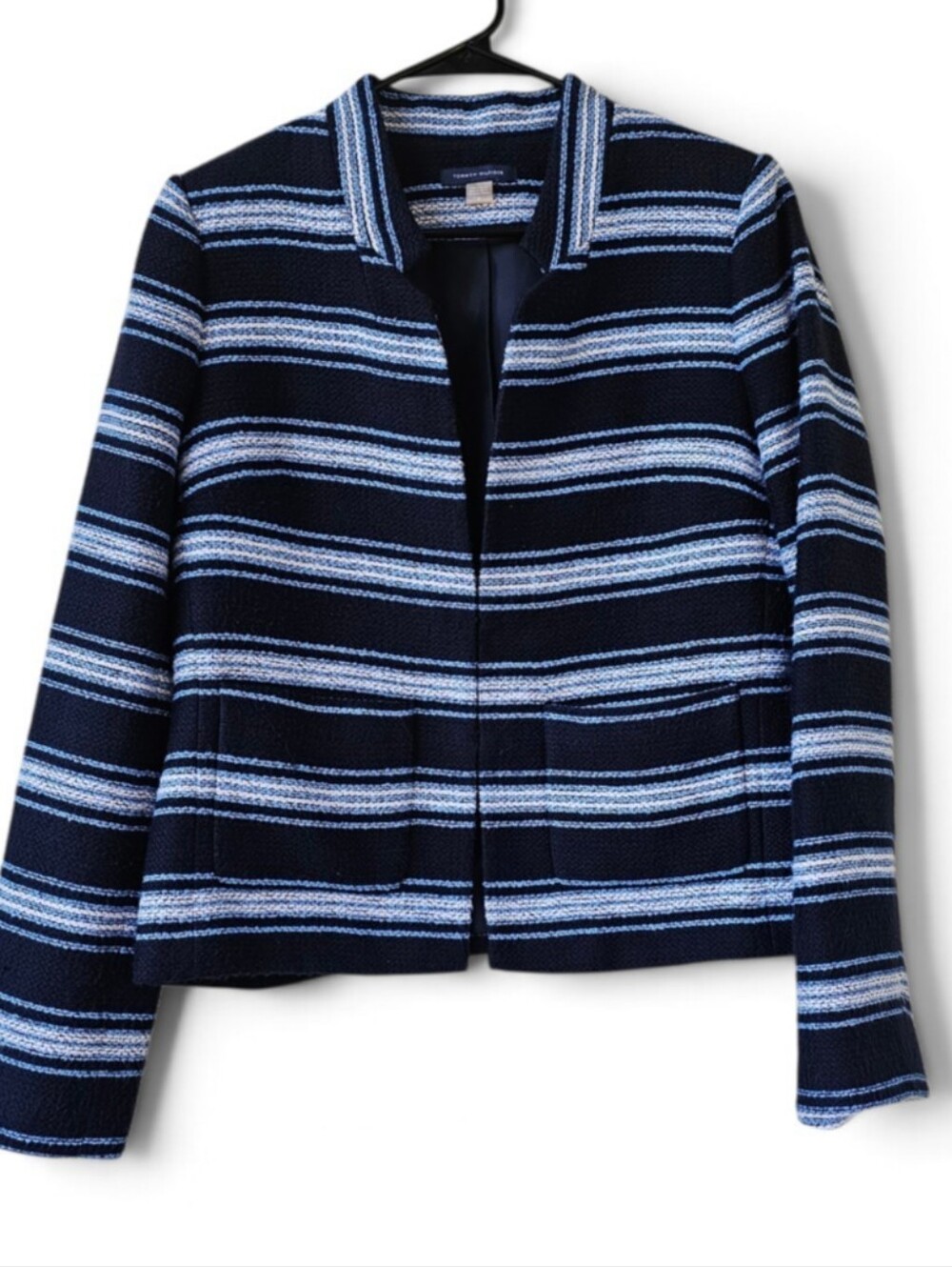 Tommy Hilfiger Tweed Blazer Navy & White Striped Collarless Size 8